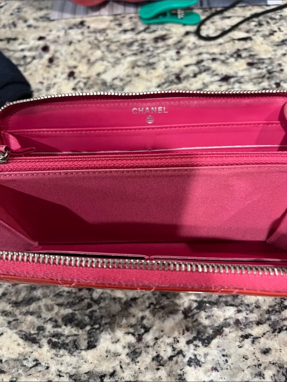 CHANEL Quilted Patent Leather Zip Wallet in Red with Silver CC